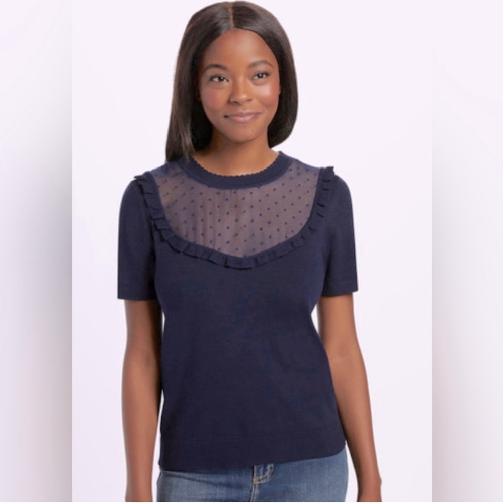 Navy Draper James Sheer Yoke Short Sleeve Sweater Small